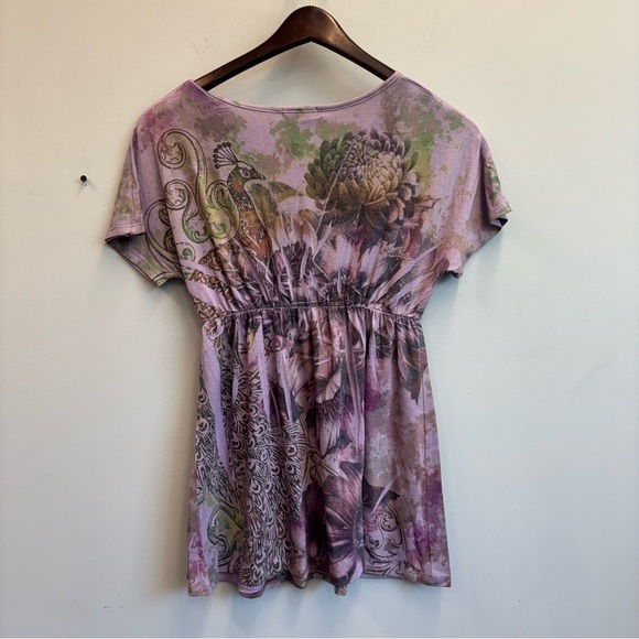 Vintage DB Sport Y2K Top V Neck babydoll purple peacock floral - Picture 2 of 8